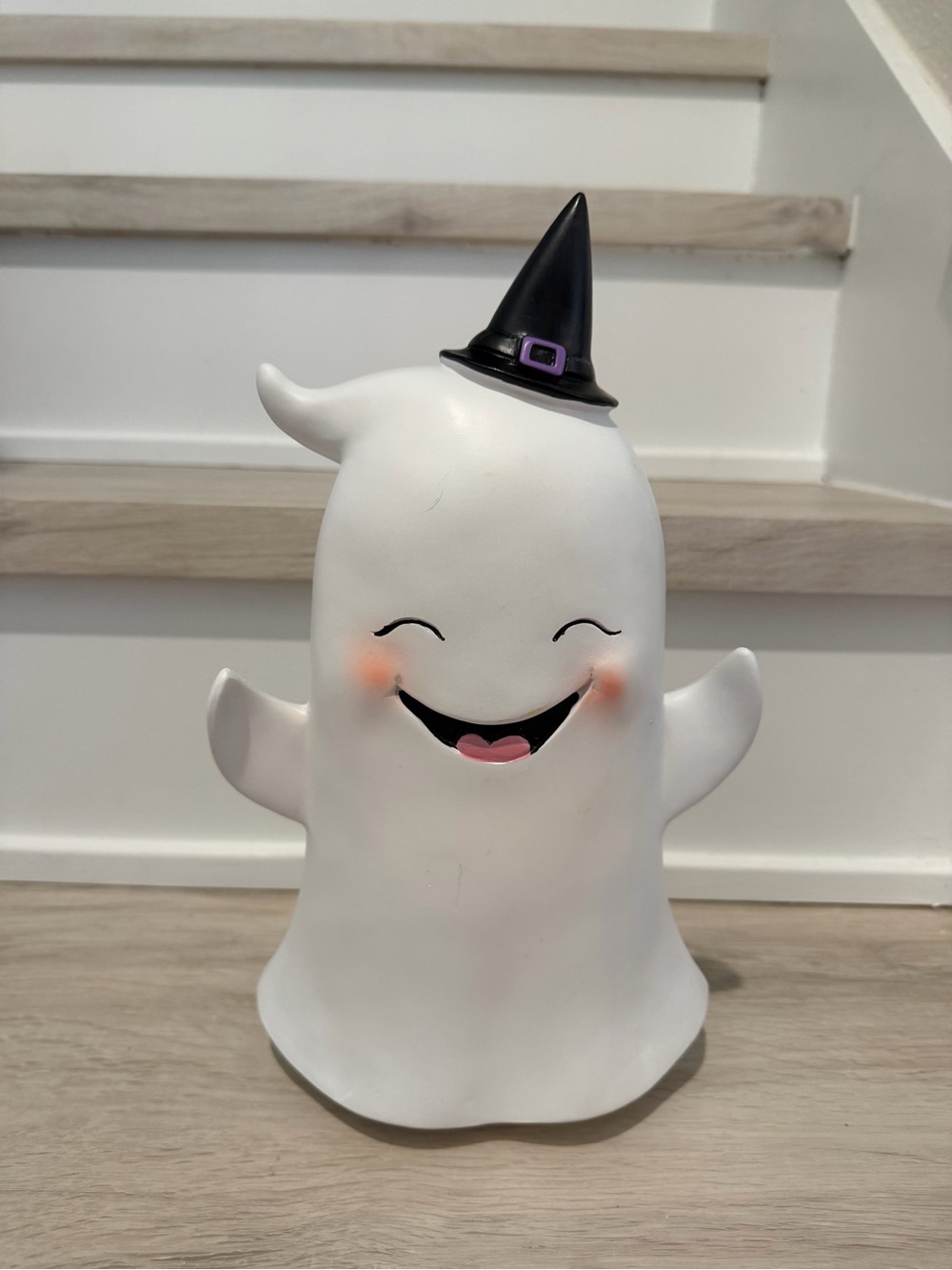 Smiling Ceramic Halloween Ghost with Witch Hat